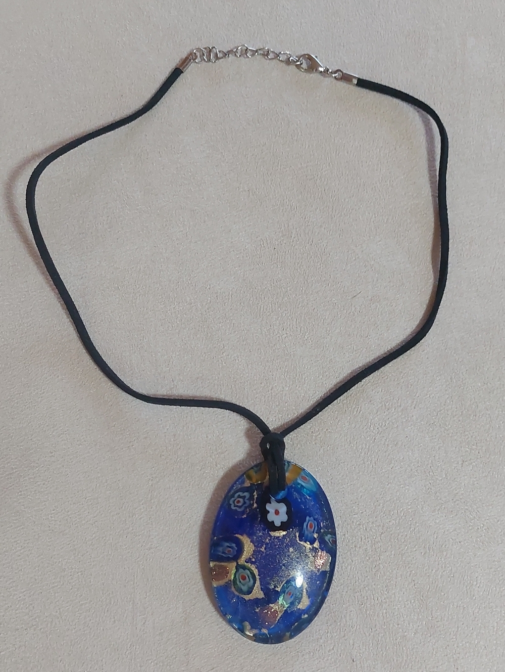 Blue HAND PAINTED Millefiori Glass Pendant Necklace on Black Cord